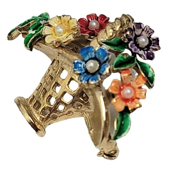 St. Labre Gold Tone Multicolor Enamel Clear Rhinestone Basket of Flowers Brooch - Picture 4 of 9